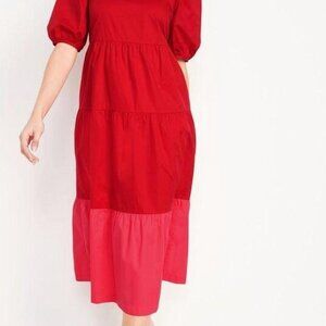 Tiered Midi Dress Colorblock Red + Pink
